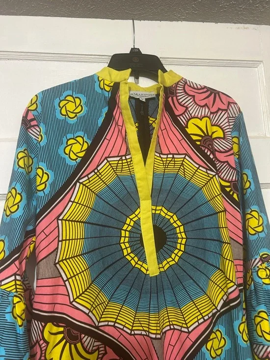 “Reasonable OFFERS””LA MARIPOSA”Colorful GeometricMaxiDressinTeal, Yellow & Pink - Picture 3 of 8